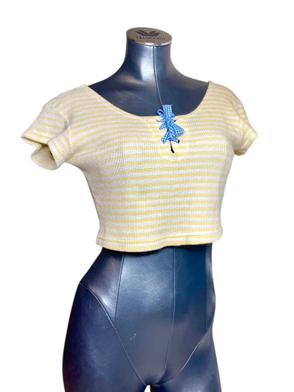 Vintage Y2K Yellow Stripe Crop Top Blue Gingham Bow Cottagecore Baby Tee Shirt